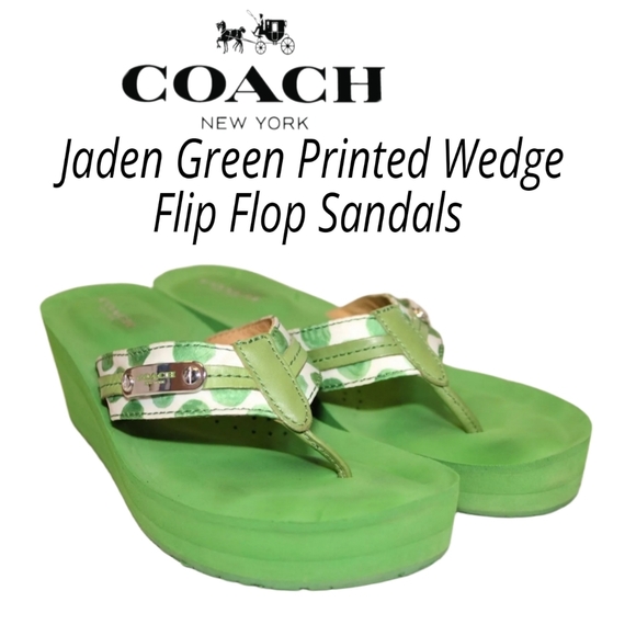 Coach Jaden 7.5 Green Printed Sandals Wedge Flip Flops Heels Shoes - Picture 1 of 14